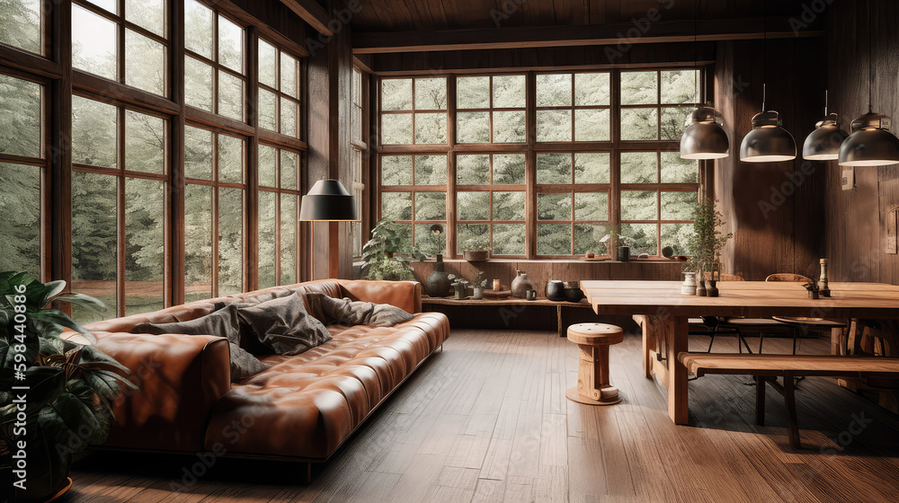 Wooden living room interior with eating table and couch, panoramic window. Generative AI Wooden living room interior with eating table and couch, panoramic window. Generative AI