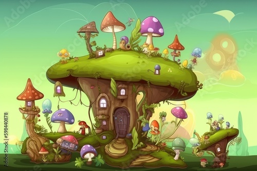 whimsical mushroom house nestled in a sunny field. Generative AI