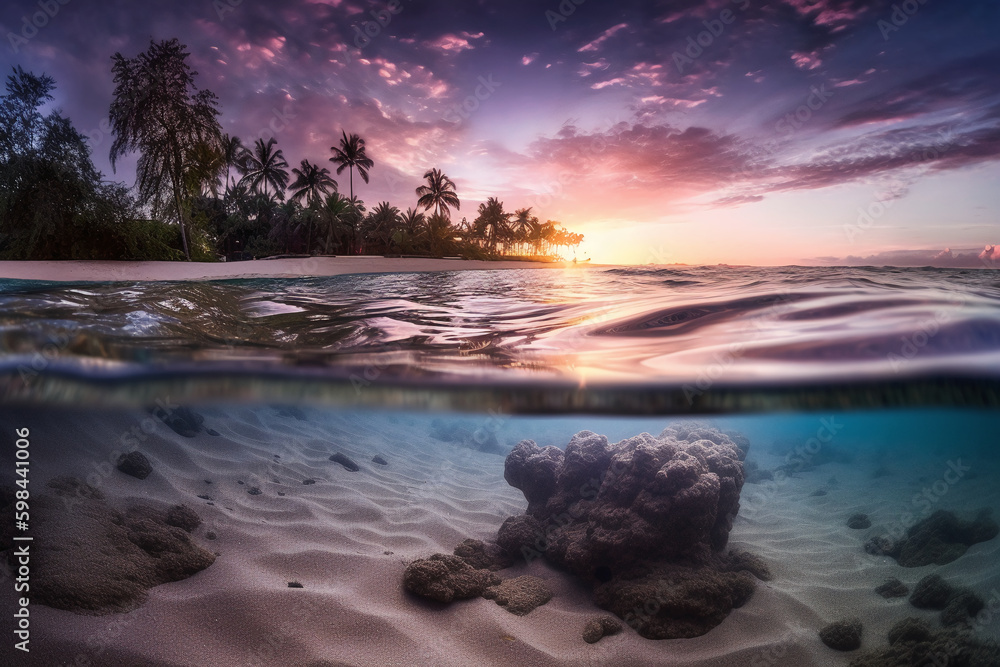 Obraz premium Photograph of beautiful inviting beach scene with purple sunset sky. AI generative