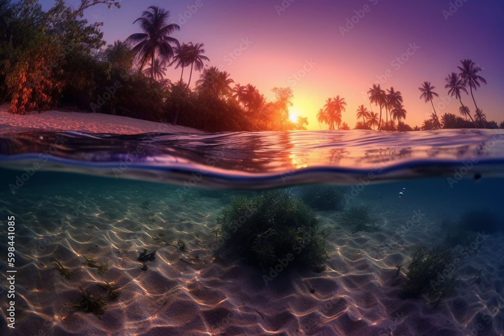 Photograph of beautiful inviting beach scene with purple sunset sky. AI generative Photograph of beautiful inviting beach scene with purple sunset sky. AI generative