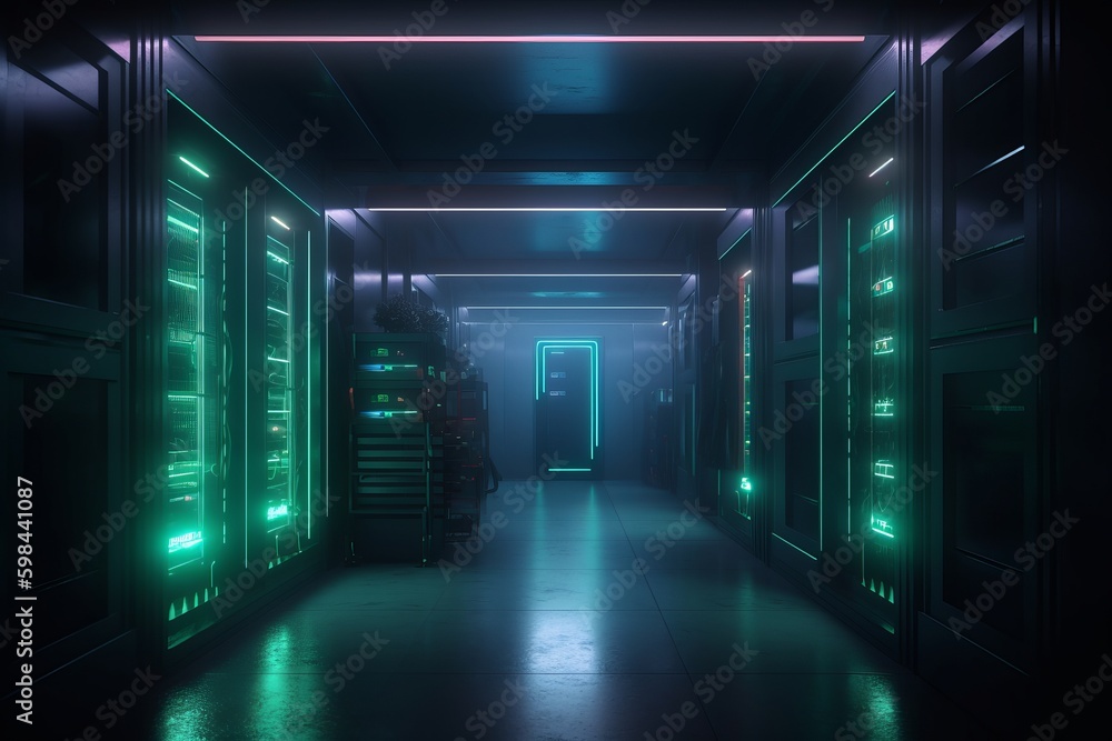 Fototapeta premium Exploring the Future: Futuristic High Tech Server Racks, Generative AI