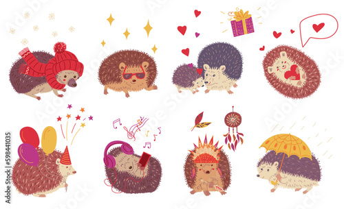 Set of funny hedgehogs with different decor flat style
