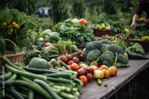 Garden full of fresh vegetables such as cabbage  cucumbers  broccoli and tomatoes AI generative art