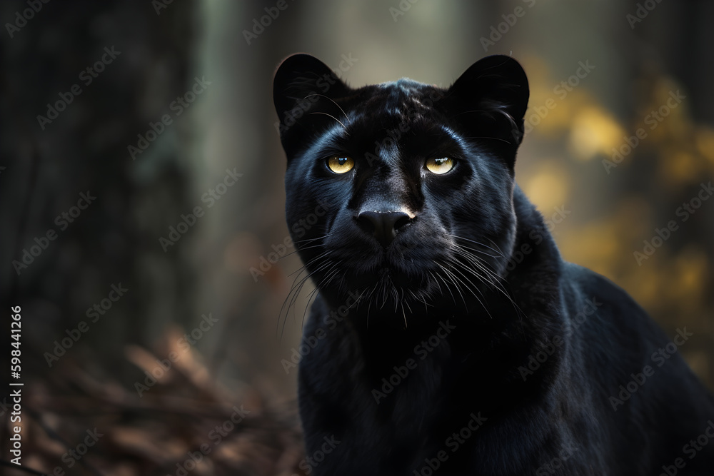 Majestic Black Panther Standing Proud in Front of Dark Forest Created with generative AI.