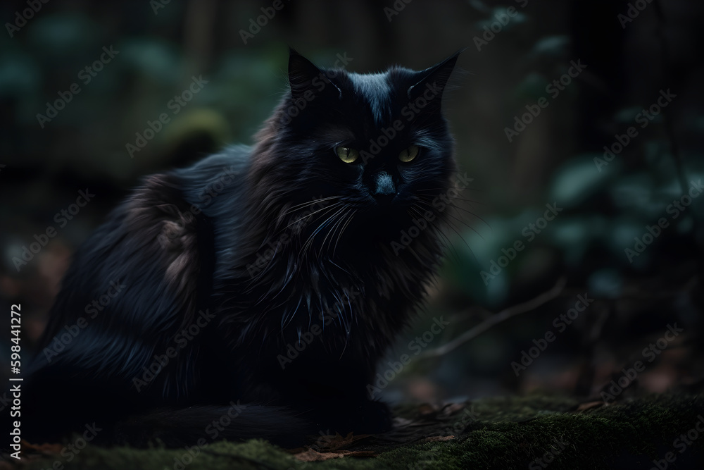 Mesmerizing Black Cat Sitting on Mysterious Stone in Eerie Forest Created with generative AI.