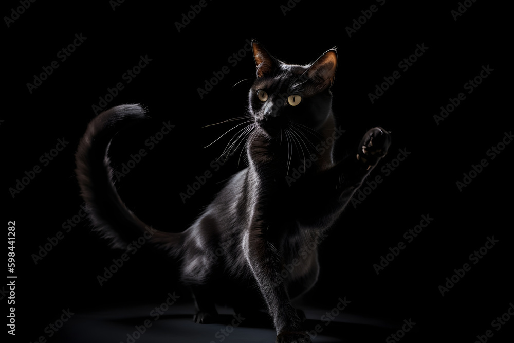 Graceful Black Cat Dancing Against a Black Background Created with generative AI.