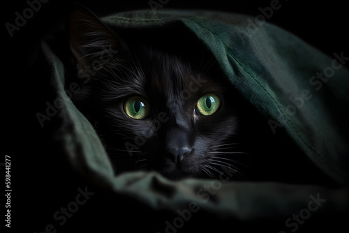 Mysterious Black Cat Peeking out of Black Sack, Daring You to Chase It Created with generative AI.