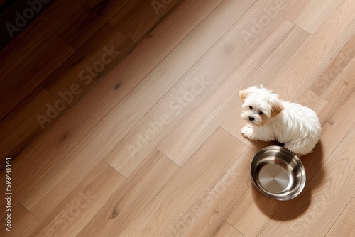 cute white dog sitting next to a shiny metal food bowl. Generative AI