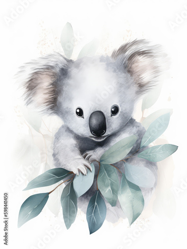 Watercolor Illustration of a Cute Little Baby Koala in Pastel Light Colors on a White Background