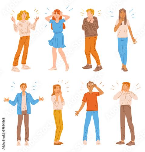 Surprised diverse people set, flat vector illustration isolated on white background.