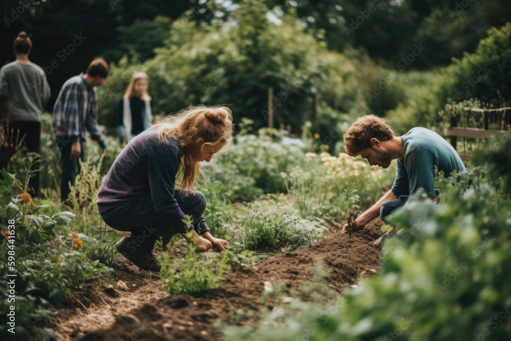 Happy farmers or gardeners working outdoors at community farm Happy farmers or gardeners working outdoors at community farm