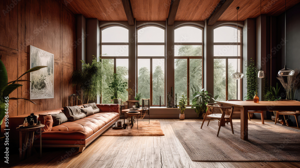 Naklejka premium Wooden living room interior with eating table and couch, panoramic window. Generative AI