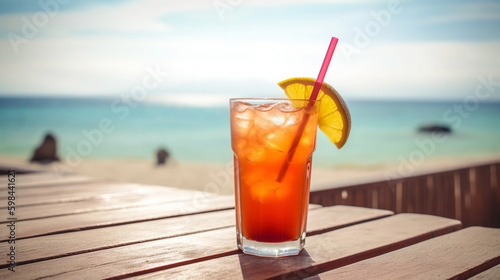 Long Island Iced Tea cocktail on background with blue sea and sky tropical background. Generative AI