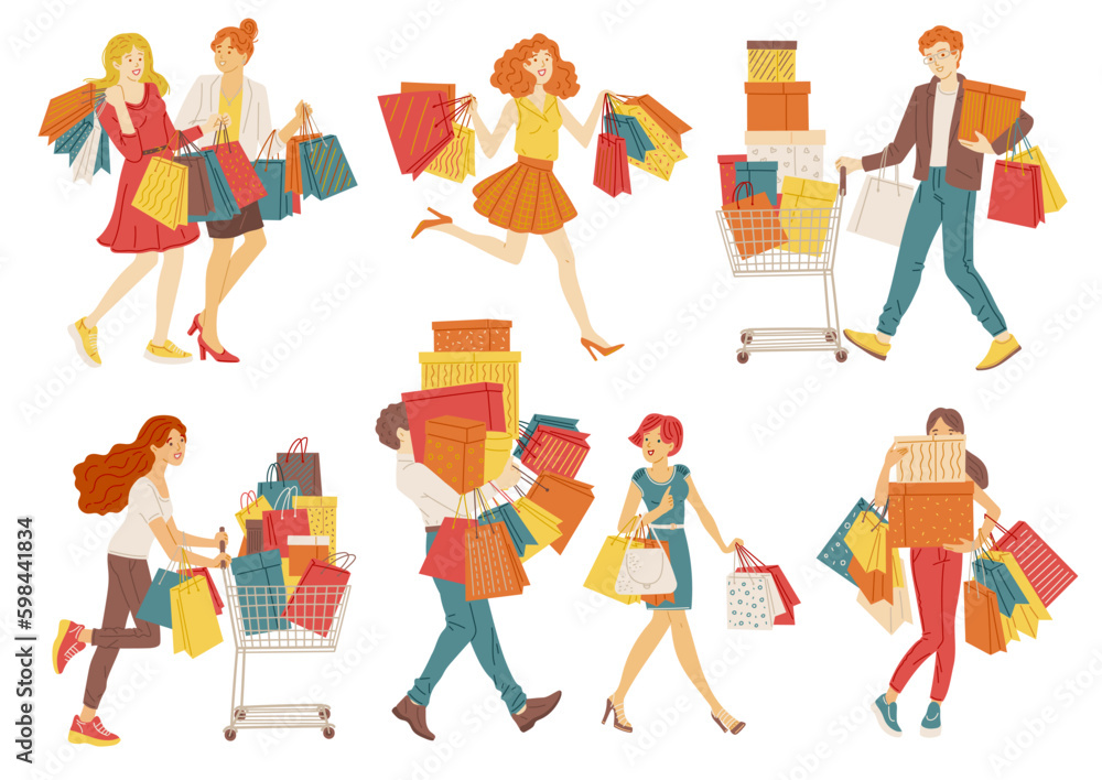 Set of characters of people making multiple purchases, flat vector isolated. Set of characters of people making multiple purchases, flat vector isolated.