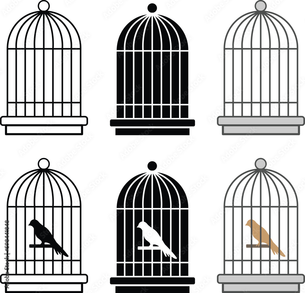 Birdcage &amp; Bird Clipart Set - Outline, Silhouette &amp; Color Stock Vector ...