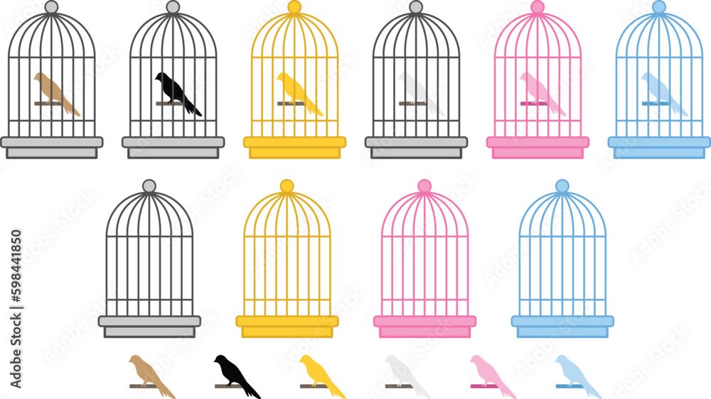 Birdcage & Bird Clipart Set	- Silver, Gold, Pink and Blue Colors