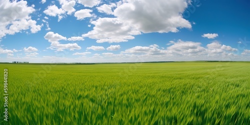 Empty green field and blue sky with rare clouds. Generative AI