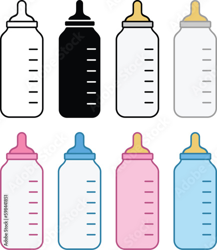 Baby Bottle Clipart Set - Outline, Silhouette and Color
