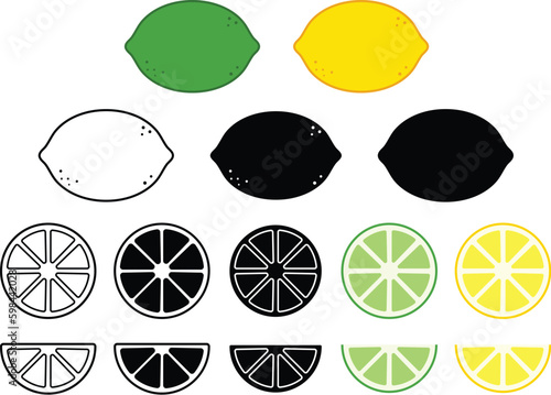 Lemon or Lime Citrus Fruit Clipart Set - Whole, Half and Wedge