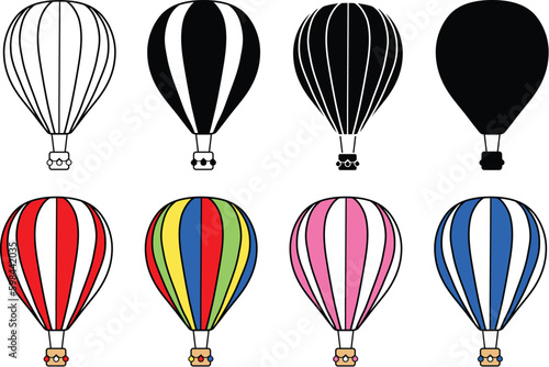 Hot Air Balloon Vector Clipart Set - Outline, Silhouette & Color