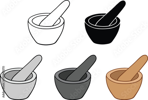 Mortar and Pestle Grinder Clipart Set - Outline, Silhouette & Color