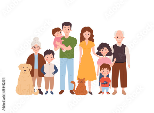 Big family of three generations with dog, flat vector illustration isolated.