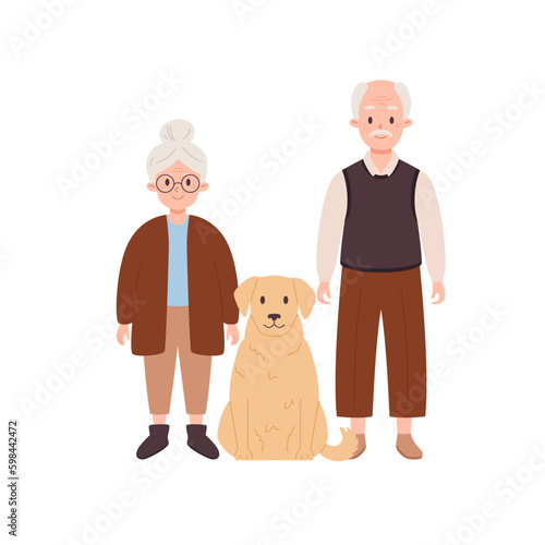 Happy elderly couple with cute dog, flat vector illustration isolated on white background.