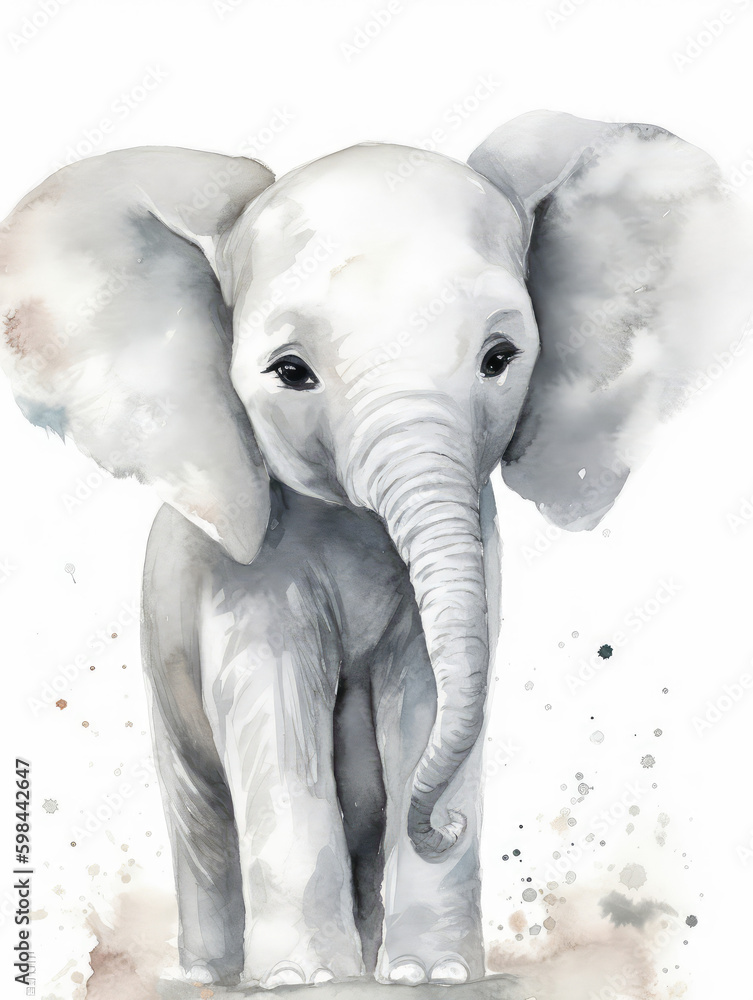 Watercolor Illustration Of Baby Elephant In Light Pastel Colors on a White Background