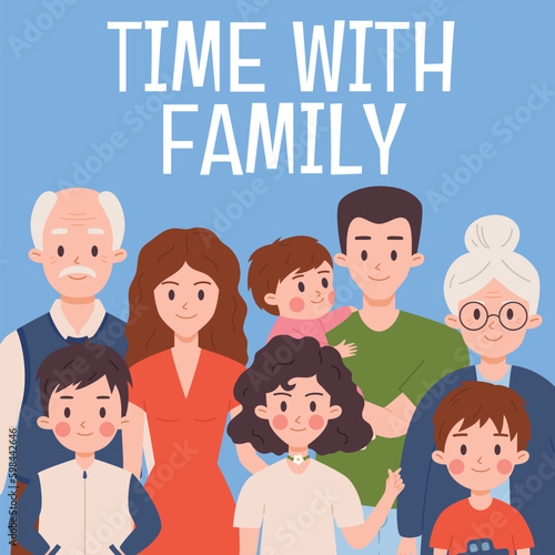 Big family portrait, poster template with text - flat vector illustration.