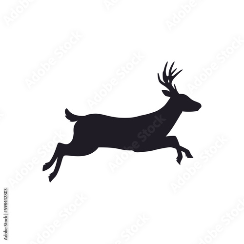 Black silhouette of running horned deer or reindeer  outline vector isolated.