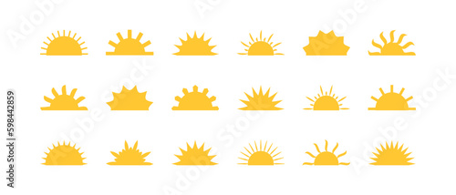 Sun half vector icon, sunrise sign, morning light, yellow burst, summer symbol isolated on white background. Cartoon solar ray illustration