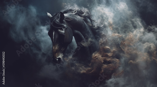 Stylized portrait of horse in the smoke. Generative AI 