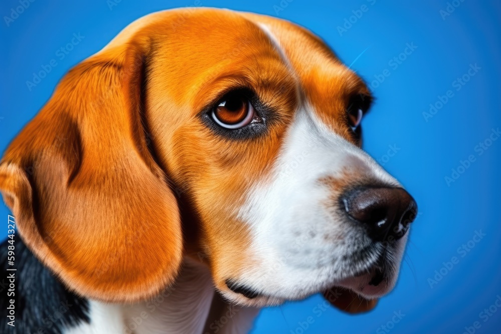 close up of a friendly dogs face with a bright blue background. Generative AI