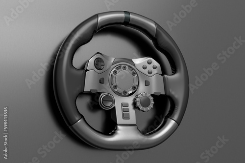 Realistic steering wheel with metallic chrome texture on dark background