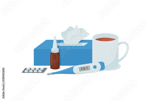 Medical home remedies for cold or flu treatment vector illustration isolated.