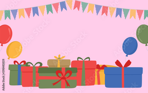 Fun party background with many gift boxes, balloons and party decoration. Pink background for celebration, congratulations with space for text. flat illustration for birthday,  party, banners. Vector