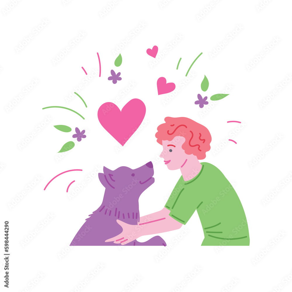 Child hugging cute funny dog flat cartoon vector illustration isolated on white. Child hugging cute funny dog flat cartoon vector illustration isolated on white.