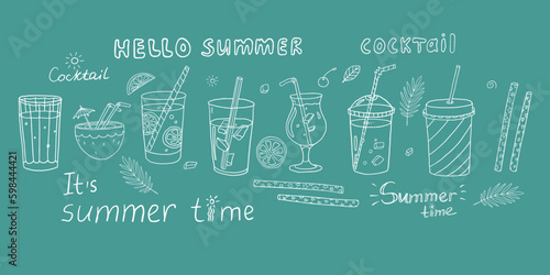 Cute hand-drawn set with cocktails collection, alcoholic and non-alcoholic summer drinks with ice cubes, fruits and text.  Original doodle style can be used for banners, sites, bar menu design.