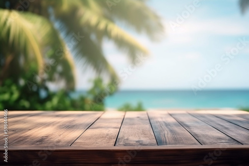 An empty wooden table in front of the blue sky and summer sea. Generative IA