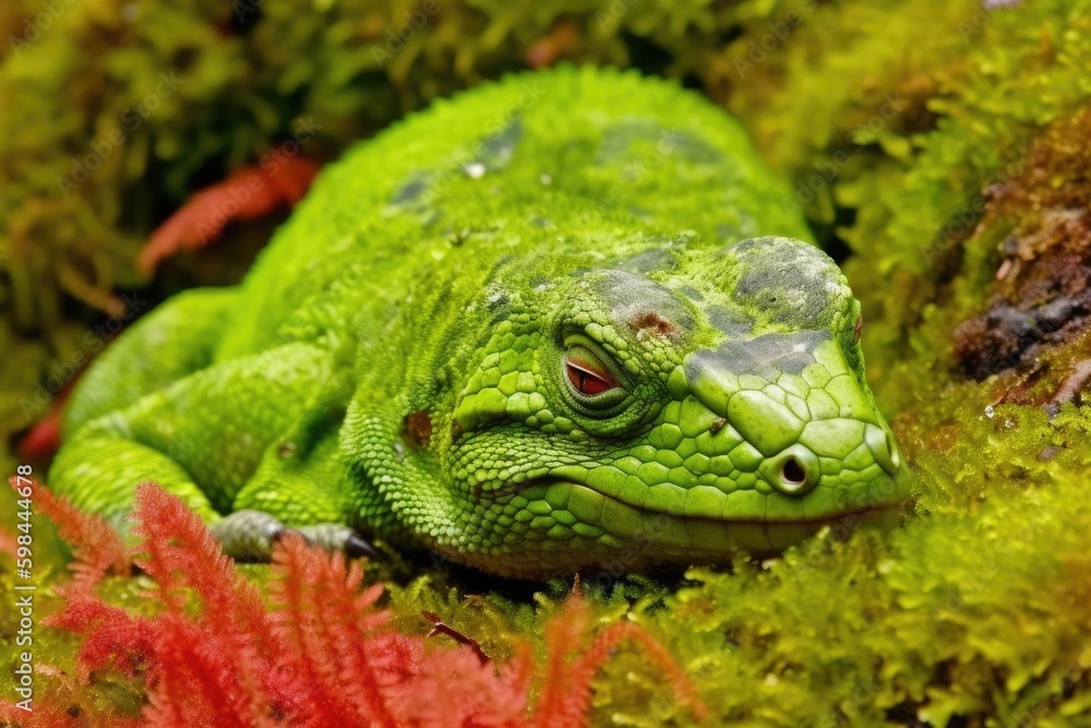 Fototapeta premium vibrant green lizard resting on a bed of lush moss. Generative AI