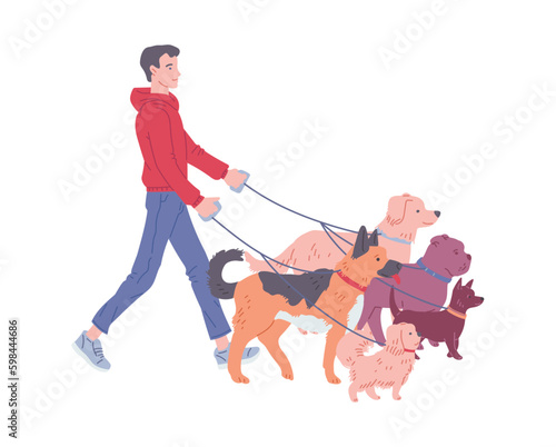 Man working as dog walker or pet sitter, hand drawn flat vector illustration isolated on white background.
