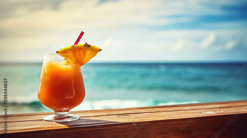 Caribbean Rum Punch cocktail on background with blue sea and sky