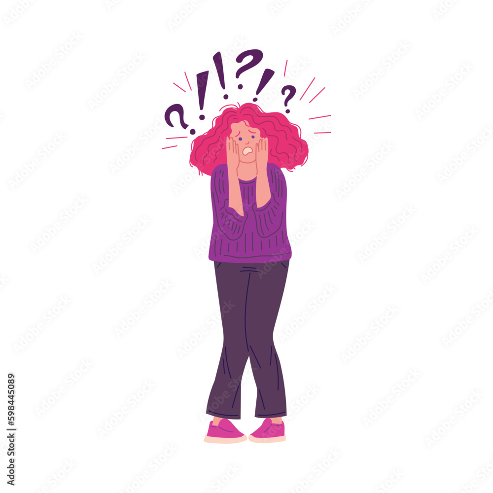 Horrified and confused woman experiences fear and panic, flat vector isolated. Horrified and confused woman experiences fear and panic, flat vector isolated.