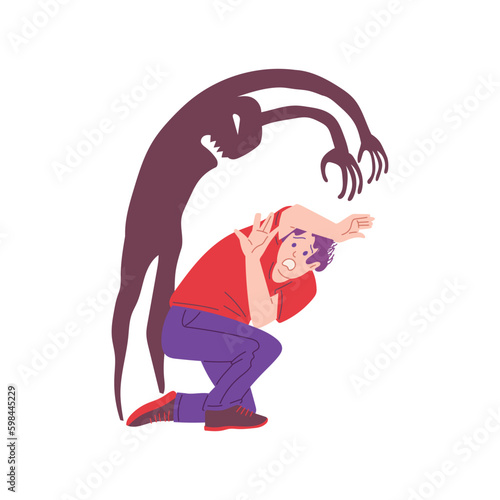 Frightened panicked man crouching in fear, flat vector illustration isolated.