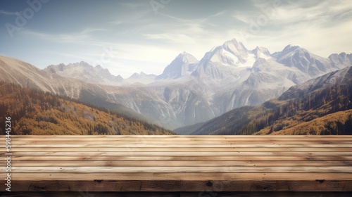 Wood table mockup with high mountains on background. Empty copy space for product presentation. Generative AI
