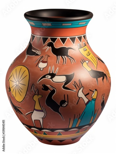 Pueblo pottery design-style representation of the story of the Native American deity Kokopelli and his music, created with generative ai tools