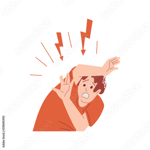 Anxious frightened man dodges the blow and covers head, flat vector isolated.