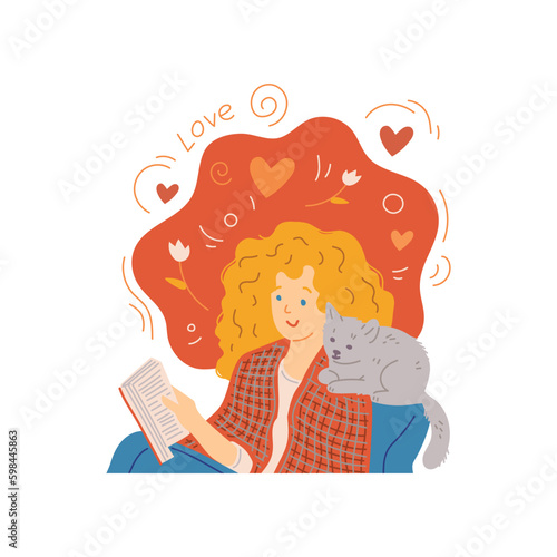 Love between pets and owners banner with woman and cat, flat vector isolated.
