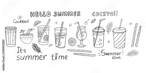 Trendy doodle set with cocktails collection, alcoholic and non-alcoholic summer drinks with ice cubes, fruits, drinking straws and text.  Great for bar menu design, packaging, banners or advertising.