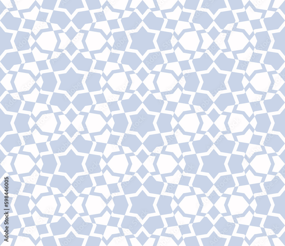 Vector abstract geometric seamless pattern. Traditional oriental ornament with stars, mesh, grid, floral silhouettes. Simple blue and white background. Elegant ornamental repeated decorative design
